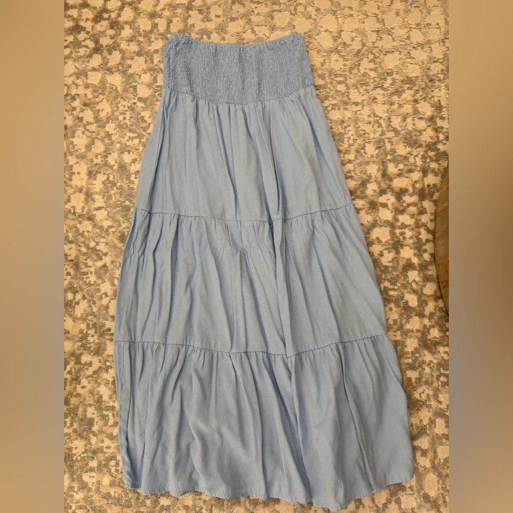 Light Blue Tiered Midi strapless Dress from these three!